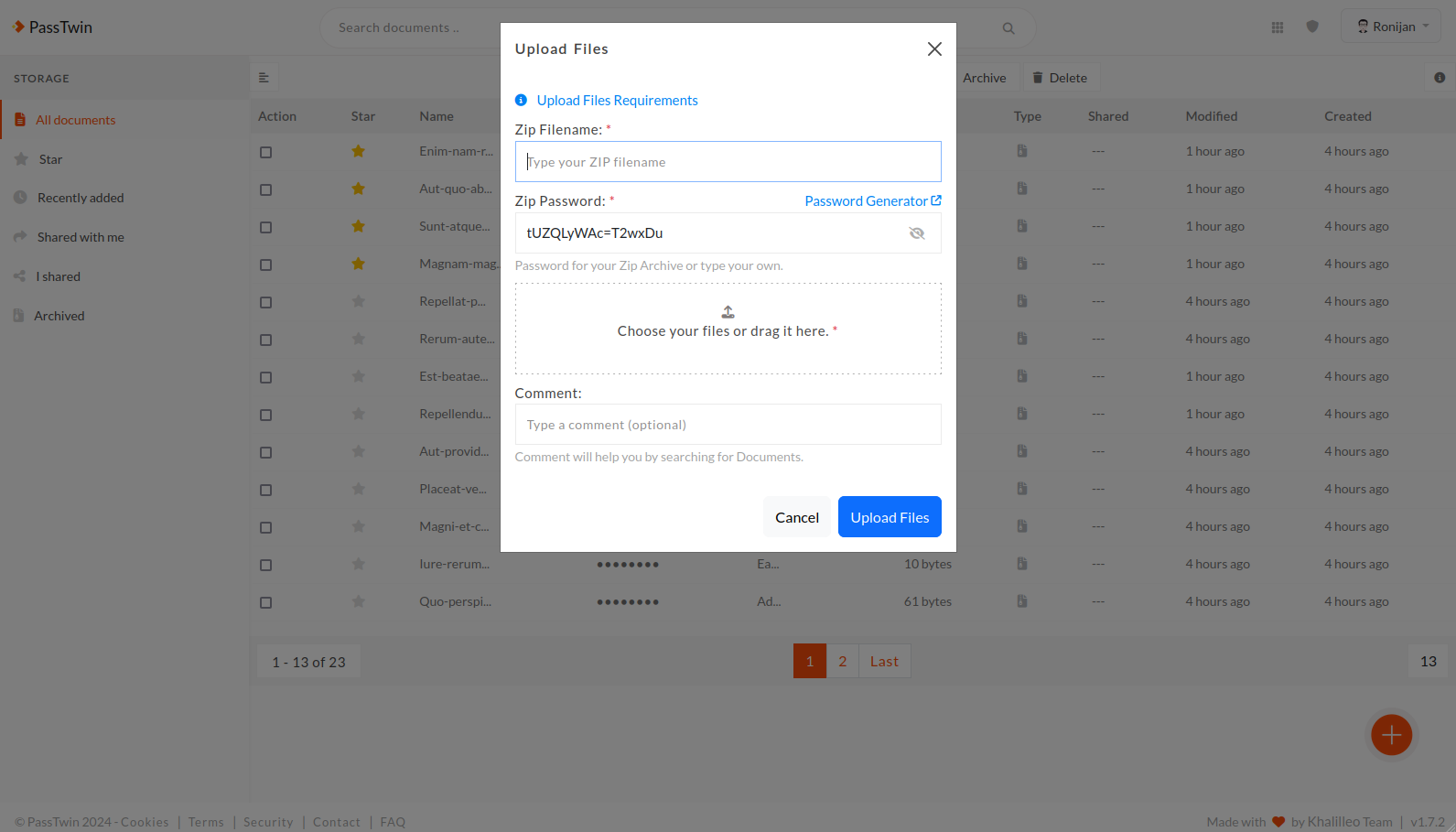 Documents Upload File(s) / will be zipped with protected Password