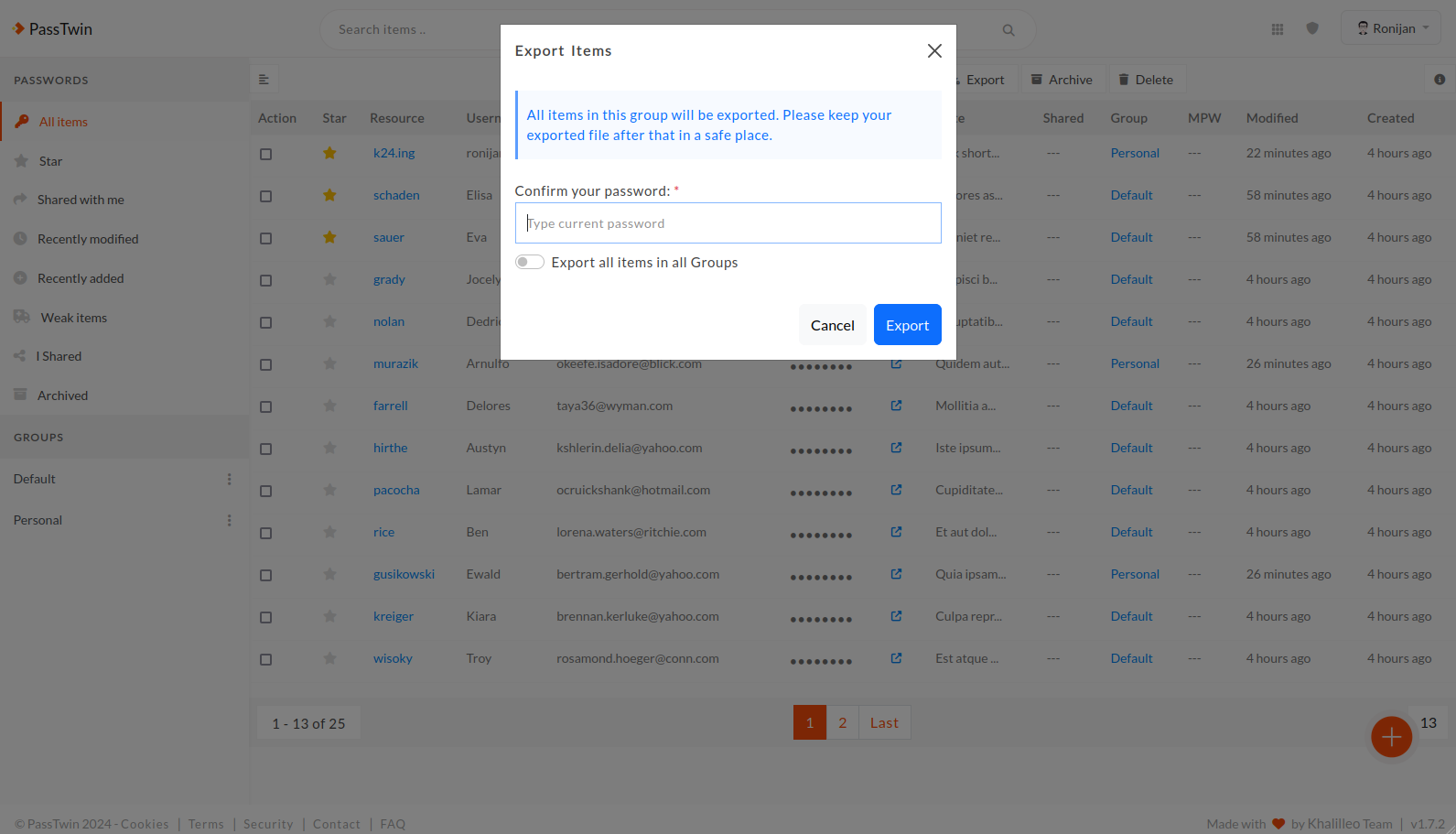 Password Manager Export Items from selected Group